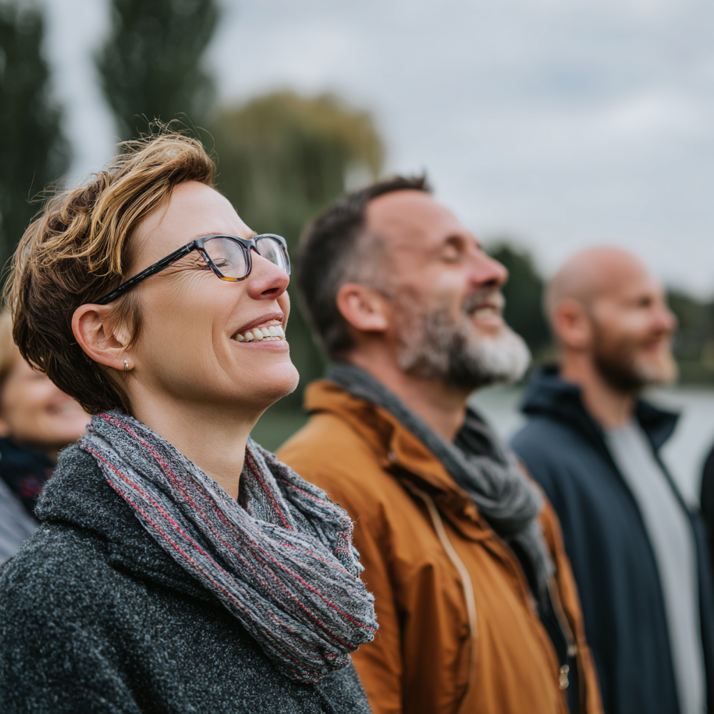 Grupa różnowiekowych Polaków praktykujących jogę na świeżym powietrzu, uśmiechnięci i zrelaksowani w pozycjach medytacyjnych