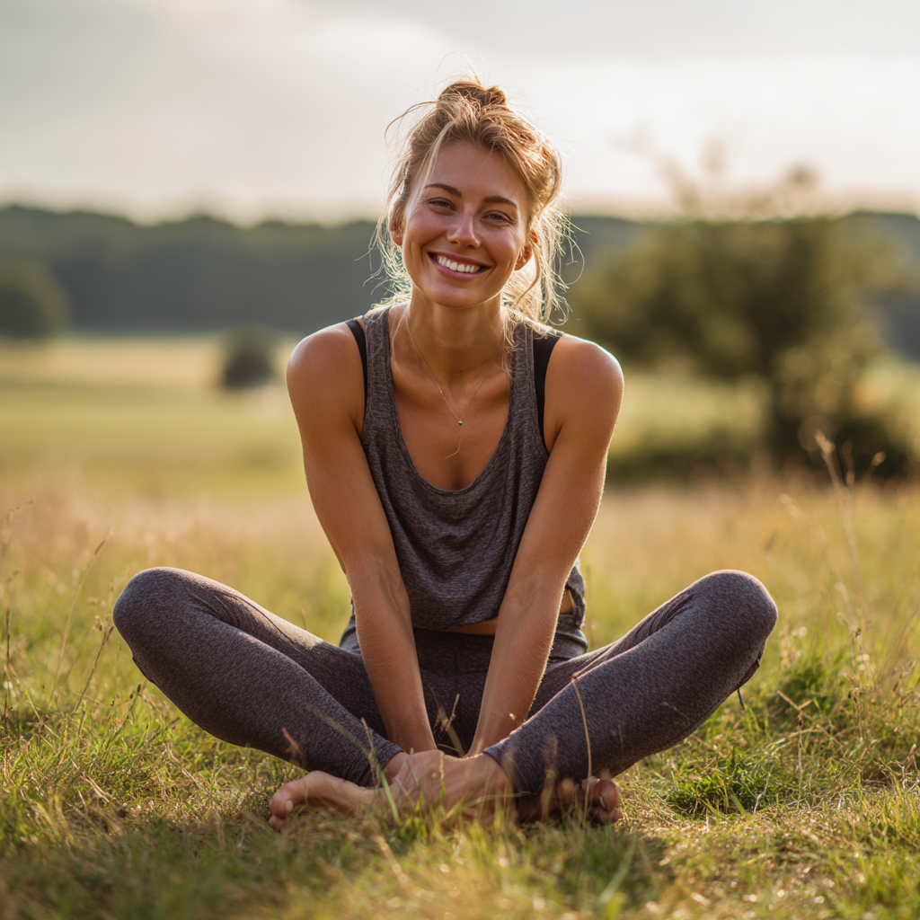 Starszy Polski mężczyzna w pozycji medytacyjnej z zamkniętymi oczami, uśmiechnięty i zrelaksowany podczas sesji głębokiej relaksacji